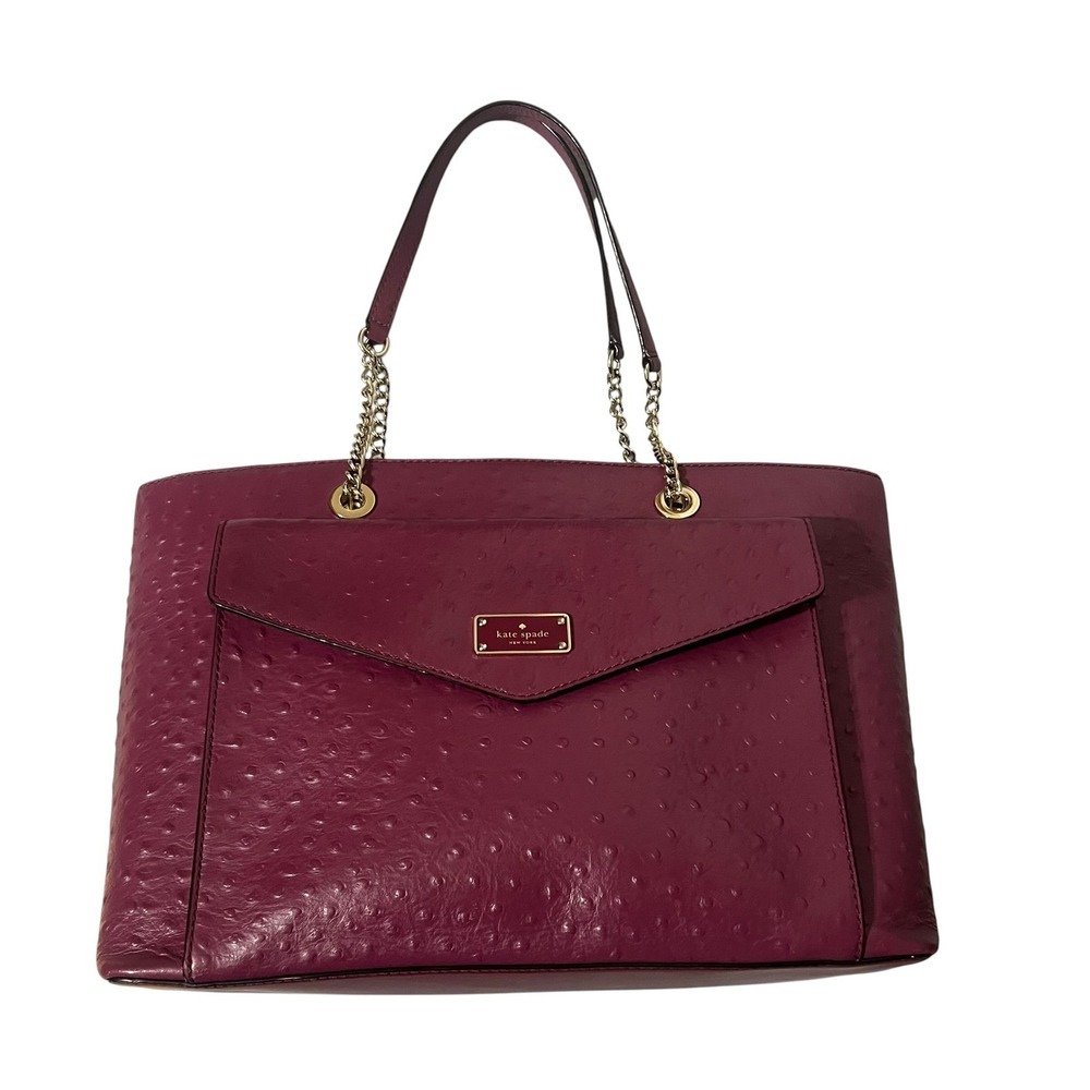 Kate Spade Tote Bag Women's Plum Ostrich Embossed Leather  Chain Large